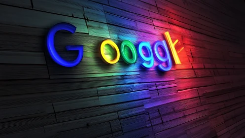 Neon letters spill rainbow light across textured wooden wall