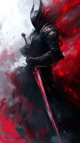 Armored swordsman silhouette in red and white abstraction.