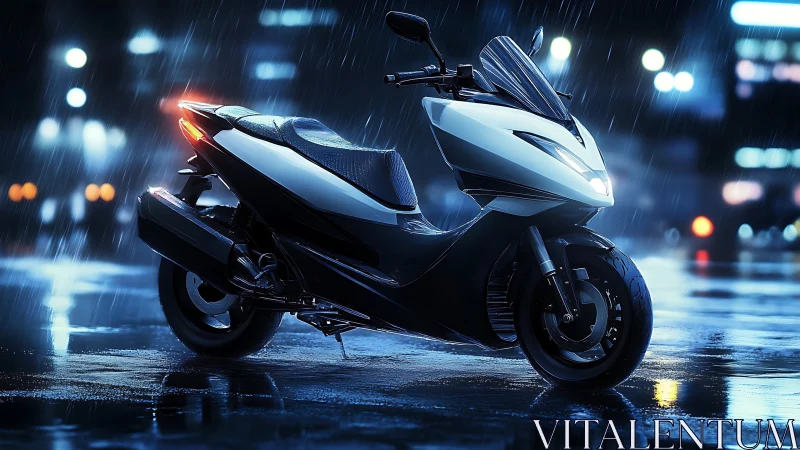 Futuristic scooter stands in neon rain on a wet city street.