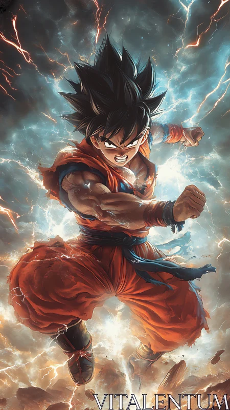 Storm-striking martial hero rocketing through crackling skies.