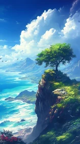 Solitary Tree on Coastal Cliff - A Timeless Dream.