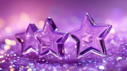 Triad of refractive violet glass stars on glittered bokeh field.