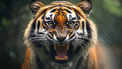 Hydrodynamic close-up of snarling tiger in rainfall field study.