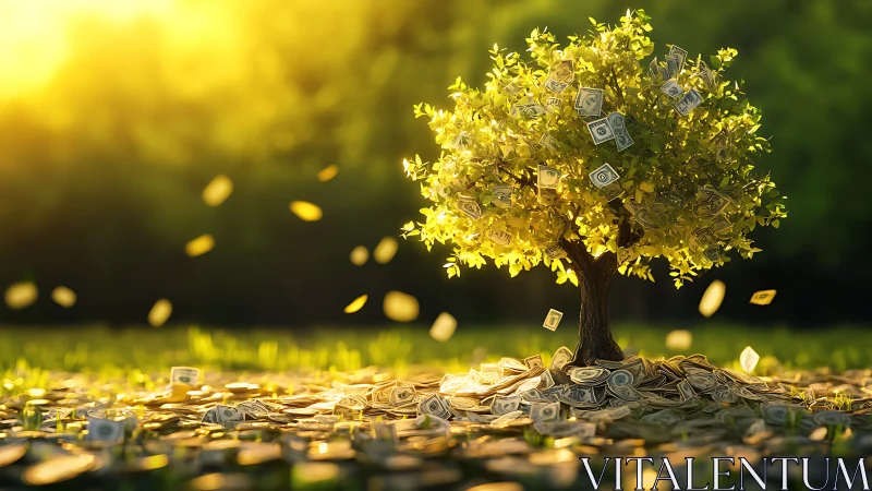 Sunlit money tree showering a meadow with dollar leaves.