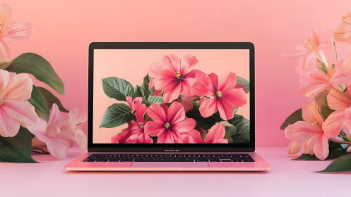 Soft coral laptop garden where digital meets petals.