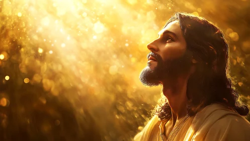 Portrait of a serene bearded man bathed in radiant light.