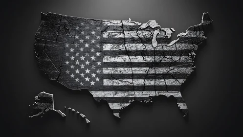 United States map silhouette shows flag pattern in grayscale