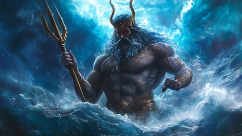 Stormlit sea god rises in glowing waves and swirling power