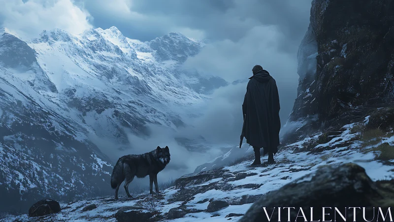 Lone cloaked wanderer and wolf crossing icy mountain pass.