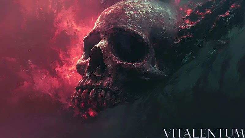 Molten crimson skull emerges from abyssal shadowed void