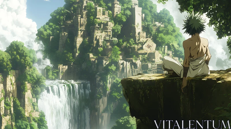 Solitary wanderer gazes over lush waterfall ruins.