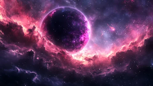 Cosmic violet planet glows gently in swirling pink nebula