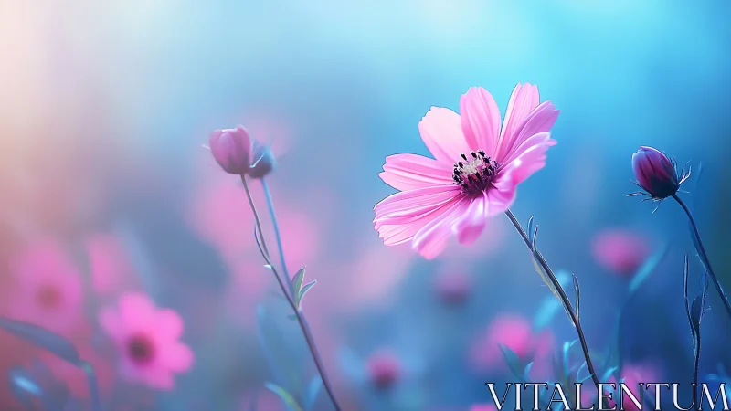 Pink cosmos flowers bloom through soft blue haze.
