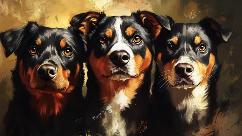 Triple canine chorus under golden painterly spotlight.