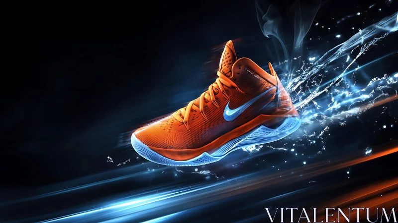 Orange athletic shoe in dynamic blue light burst composition.