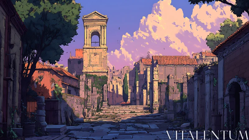 Sunlit stone arcade studies late-day color and linear depth