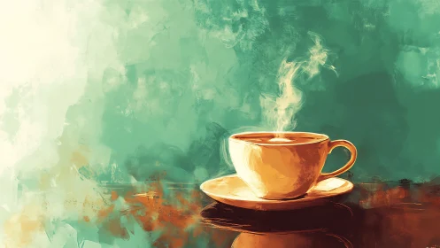 Thermal coffee cup rendering in teal atmospheric color field.