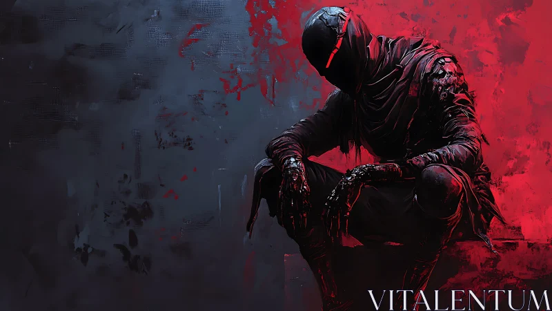 Brooding cyber rogue resting in neon red shadows.