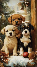 Three winter puppies gaze forward in snowy forest setting