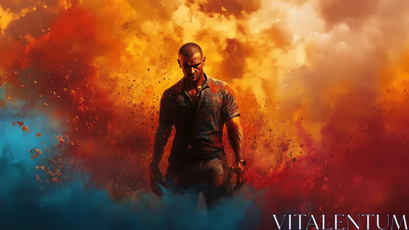 Solitary warrior strides through explosive chromatic storm field