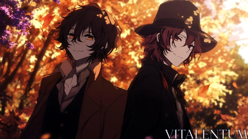 Autumn duo stand amid glowing foliage and drifting leaves.