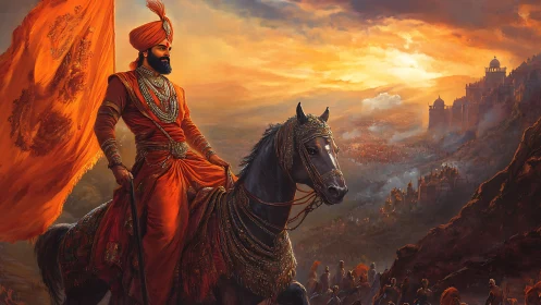 Warrior king on armored horse before fiery battlefield.