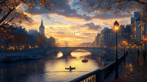 Autumn dusk riverfront cityscape with bridge and moored boats
