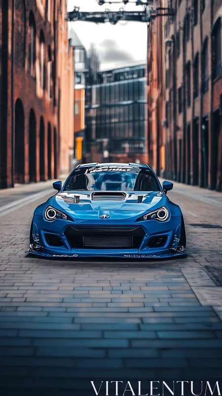 Blue widebody street car dominates narrow brick alley