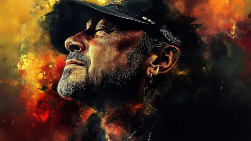 Weathered man in cap against blazing abstract colors.