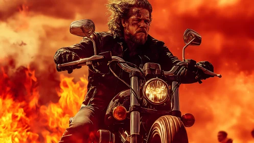 Biker rides motorcycle through blazing inferno backdrop.