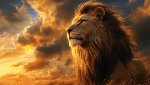 Lion portrait glows under stormlit golden sunset sky