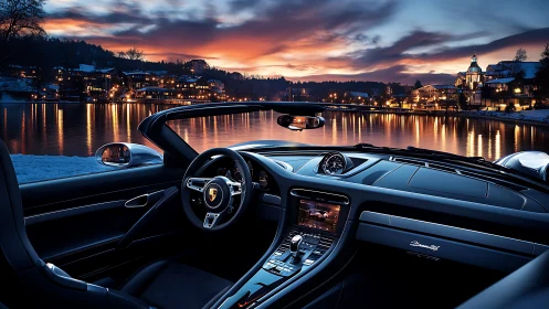 Luxury roadster cockpit overlooks glowing lakeside town