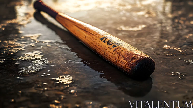 Wooden baseball bat on wet reflective ground surface.