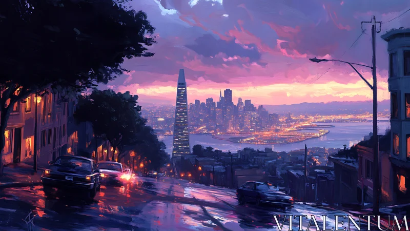 Vibrant hilltop city street overlooking glowing bay skyline.