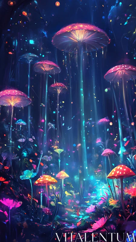 Bioluminescent mushroom forest drifts through midnight starlight.