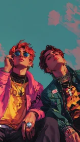 Urban streetwear duo under teal sky, neon pop color palette