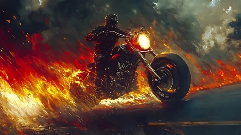 Firetrail rider howls through storm-darkened inferno streets.