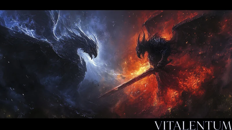 Elemental dragon duel divides frame with blue plasma and fire