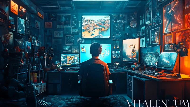 Person monitors multiple screens in dim, dual-tone workspace