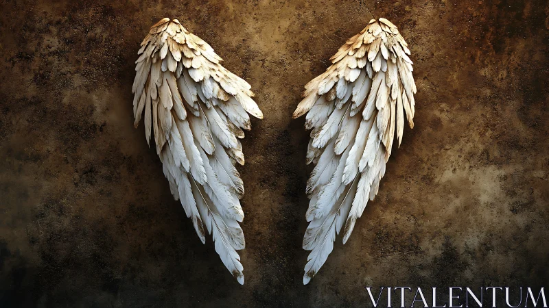 Digital painting of feathered angel wings on aged wall surface.