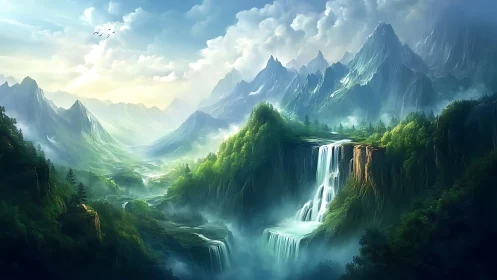 Luminescent alpine valley with tiered waterfalls and mist