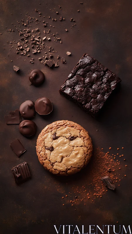 Moody dessert duet of brownie, cookie and scattered cocoa drama.