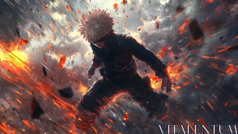 Dynamic anime hero in explosive diagonal composition.