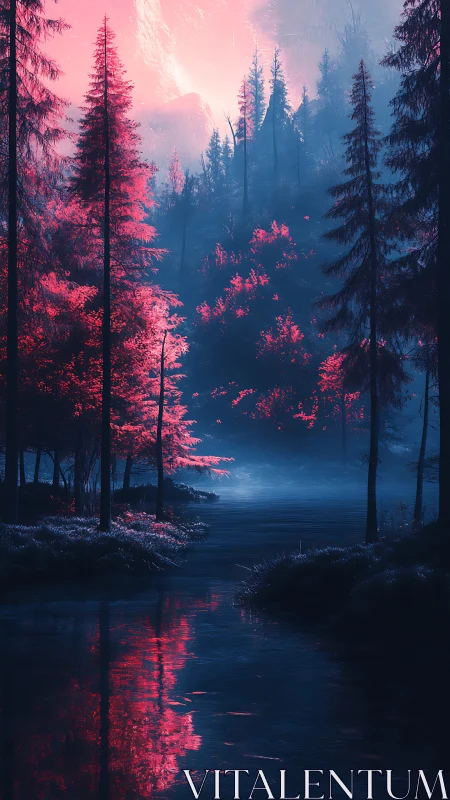 Crimson Trees Whisper at the Mirror Lake's Twilight