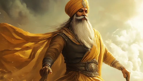 Majestic turbaned warrior in flowing golden battle robes.