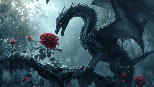 Dark forest dragon pauses gently beside a single red rose