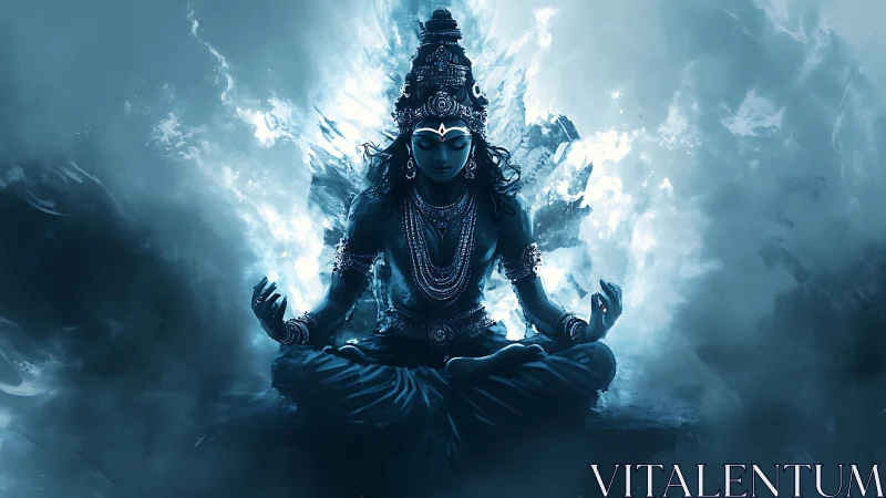 Divine blue deity meditates amid luminous ethereal aura.