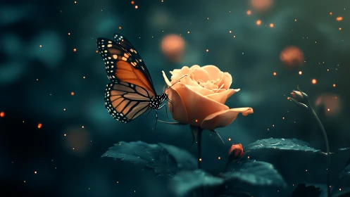 Monarch butterfly poised on glowing rose in teal dusk garden.