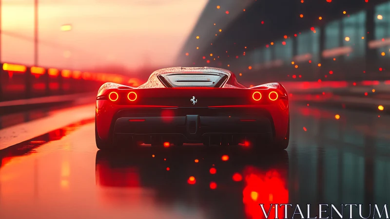 Crimson hypercar rear view in cinematic wet track glow.