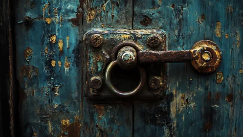 Rusty blue door latch quietly rehearses forgotten stories